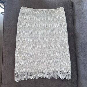 Vintage NARCISO LANG Y2K Cream Crochet Imported Lace Silk Lining Pencil Skirt, 6